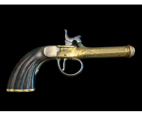A 75-Bore Continental Percussion Box Lock Pocket Pistol. Brass barrel &amp; frame , the octagonal barrel with baluster ring a