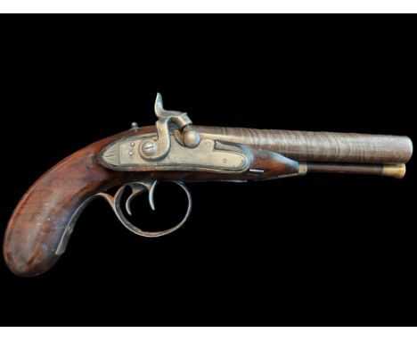 Gurd of Cork An Irish 24-Bore Percussion from Flintlock Double-Barrelled Travelling Pistol by Gurd, Cork. Side-by-side 6” Dam