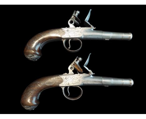 Alley of Dublin A Pair of 58-Bore Flintlock Cannon-Barrelled Pocket Pistols by Lewis Alley, Dublin, c.1773. Turn-off 2.3” can