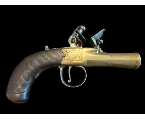 A Flintlock Pocket Pistol, maker unknown. Single piece brass frame, octagonal breech to round flared barrel, ½” at mouth. Pro