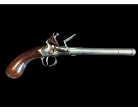 Hughes of Cork A 17-Bore Flintlock Cannon-Barrelled Holster Pistol by Timothy Hughes, Cork, c.1740. Octagonal chamber, 16 fac