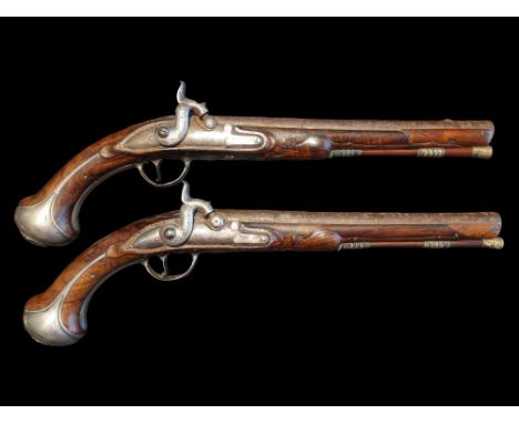 H. Delaney of Dublin A Pair of 15-Bore Percussion from Flintlock Holster Pistols by H.Delaney, Dublin, c.1735. With 3 stage 1