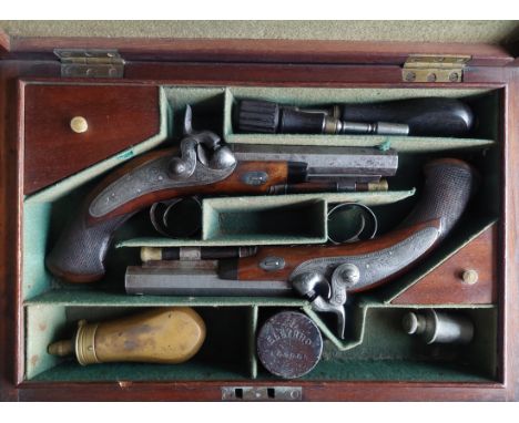 Walsh of Dublin A Cased Pair of Irish 48-Bore Percussion Overcoat Pistols by Walsh, Dublin. Sighted 4" 'fingerprint' octagona