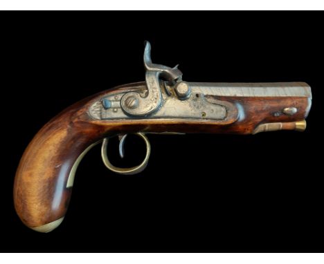 A 16-Bore Percussion from Flintlock Travelling Pistol. With 4.35” octagonal Damascus twist swamped barrel, engraved breech ta