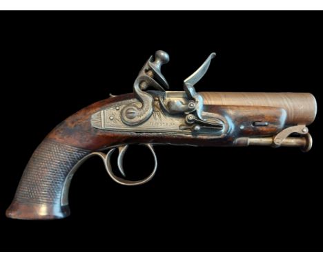 Bryan of Cork An Irish 16-Bore Flintlock Overcoat Pistol by Bryan, Cork. 3.1" (not including breech of 0.6”) round Damascus t