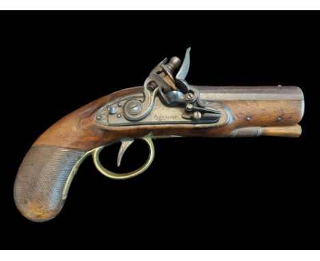 Devereux of Dublin An Irish 20-Bore Flintlock Travelling Pistol by Devereux, circa 1790-1810. A sighted octagonal Damascus tw