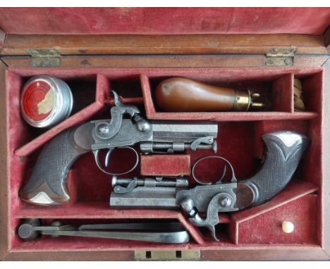 Mark &amp; John Pattison of Dublin A Cased Pair Of 54-Bore Irish Pocket Pistols by Mark &amp; Jn Pattison, Dublin, c.1835. Ea