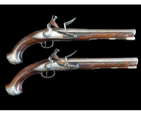 Harrison of Dublin An Irish Pair Of 13-Bore Silver Mounted Flintlock Pistols by Harrison, Dublin, c.1750. 9-3/16" round 2-sta