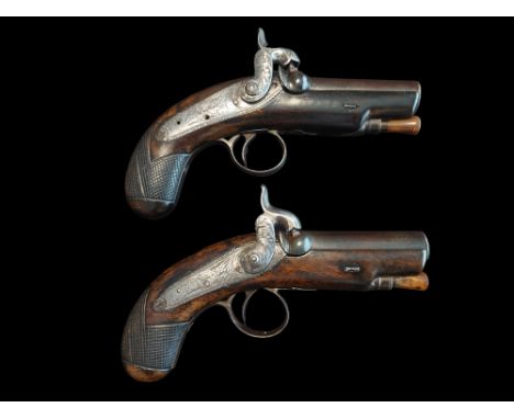 Richardson of Cork A Pair Of 32-Bore Percussion Overcoat Pistols by Richardson, Cork. Round Damascus barrels 3.15" with conca