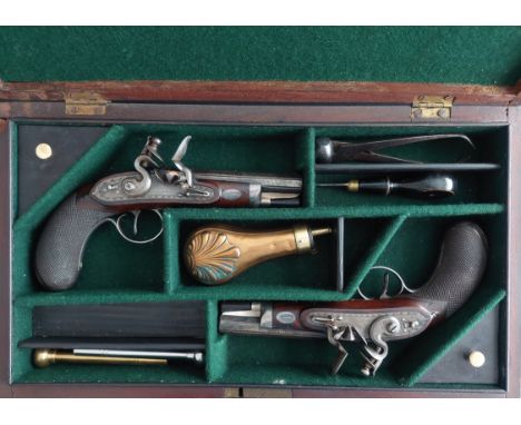 Thomas Pattison &amp; Co. of Dublin A Cased Pair of Irish 50-Bore Silver-Mounted Flintlock Travelling Pistols by Thomas Patti