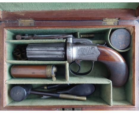 Wm. &amp; Jn. Rigby of Dublin A Cased Six-Shot 90-Bore Percussion Pepperbox Revolver by Wm &amp; Jn Rigby, Dublin. Number 933