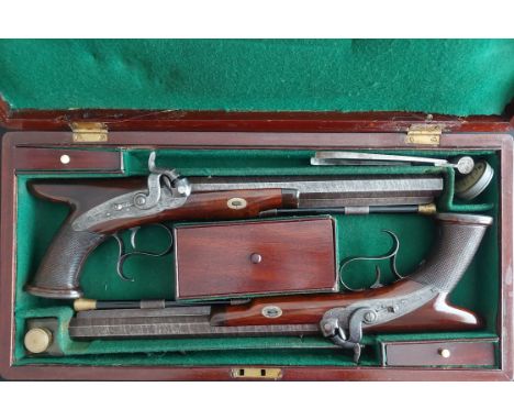 W. Cole of Belfast A Cased Pair of Irish 24-Bore Percussion Duelling/Target Pistols by W. Cole, Belfast. Sighted 9-3/8" octag