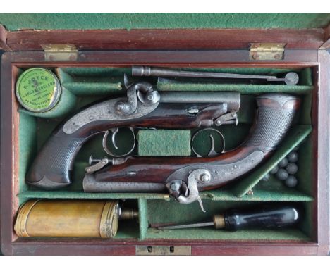 Kavanagh of Dublin A Cased Pair of Early 19th Century 46-Bore Travelling Pistols by Kavanagh, Dublin. Sighted 2.85” barrels i