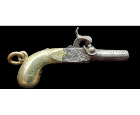 A Continental Miniature Percussion Pistol. A fixed barrel with a bore of 0.1”, the steel frame engraved with scrolls on all a