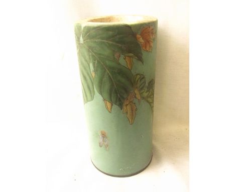 An early 20th century Japanese cloisonne enamelled cylinder vase decorated with an insect below leaves on a turquoise ground,