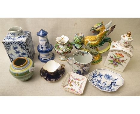Mixed British and continental 19th century and later ceramics to include a Spode coffee can, Cantagalli candle holder, Delft 