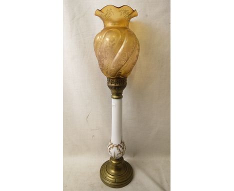 A 19th century brass and milk glass candle lamp with gilt floral decoration and a Victorian etched glass shade