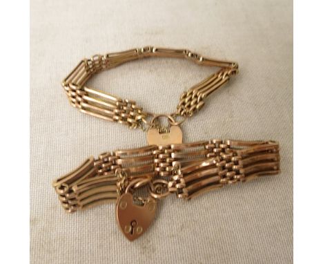 Two 9ct gold gate link bracelets with heart shaped catches