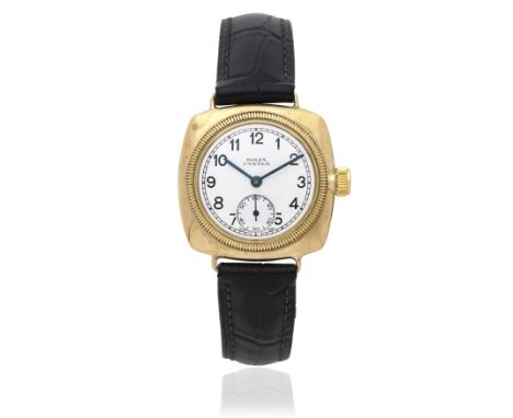 Rolex. An 9K gold manual wind cushion form wristwatchModel: OysterDate: Glasgow Import mark for 1933Movement: 15-jewel manual