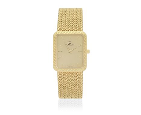 Omega. An 18K gold quartz bracelet watchDate: Circa 1984Movement: 6-jewel Cal.1377 quartz, No.47136772Dial: Brushed champagne