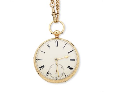 W.W Kent, Manchester. An 18K gold key wind open face pocket watch with 9K gold chainDate: Chester Hallmark for 1866Movement: 