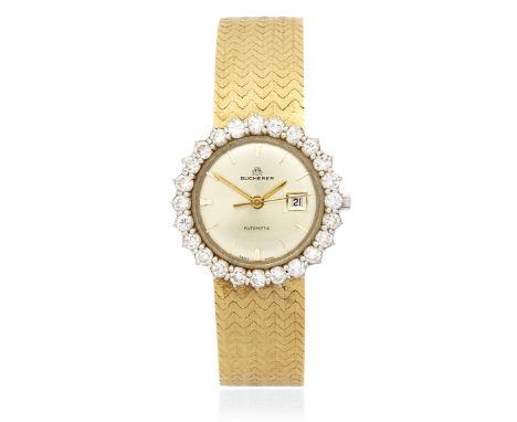 Bucherer. A lady's 18K gold diamond set automatic calendar bracelet watchDate: Circa 1980Movement: 17-jewel automaticDial: Pa