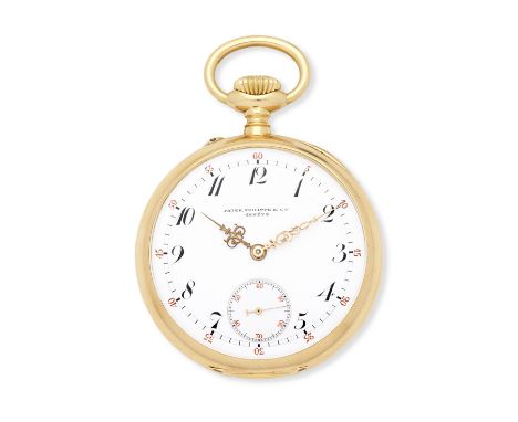 Patek, Philippe &amp; Cie. An 18K gold keyless wind open face pocket watchDate: Circa 1900Movement: Swiss moustache lever, cu