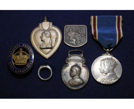 1937 Coronation Medal awarded to Sargent Wincey, other commemorative medals, small WWII German ring and a brass & enamel Nati