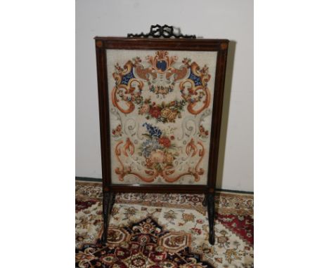19th century mahogany inlaid fire screen with inlaid wool work panel 