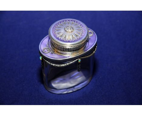 19th C Russian silver and enamel inkwell with glass oval form body with lift out glass reservoir mounted with swags, the silv