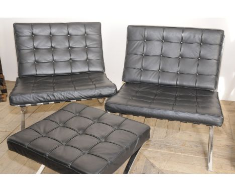 Pair of contemporary design chrome framed X shaped chairs with black leather upholstered seats and back with button detail an