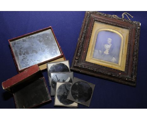 Victorian framed and mounted daguerreotype portrait on mirrored glass and a large selection of various assorted magic lantern