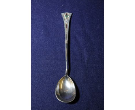 Norwegian style white metal and enamel tea spoon and similar salt with gilt interior (2) 