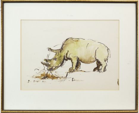 * ISHBEL MCWHIRTER RCA (BRITISH b 1927 -), RHINOCEROS watercolour on paper, signed, titled and dated 1970 40cm x 50cm Mounted