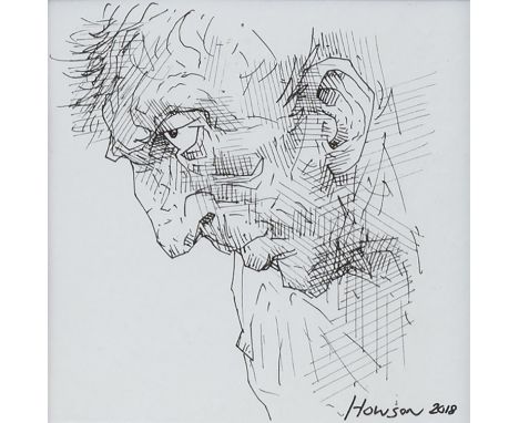 * PETER HOWSON OBE (SCOTTISH b 1958 - ), PORTRAIT OF A MAN ink on paper, signed 10cm x 10cm Framed and under glass