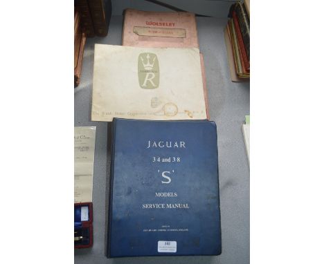 Four Vintage Car Service Manuals for Jaguar S Model, Wolsey, etc. Plus Vanden Plas Catalogue 