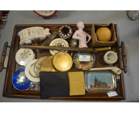 Vintage Tray and Collectibles Including Crested Ware, WWI Tank, Compacts, Paperweights, etc. 