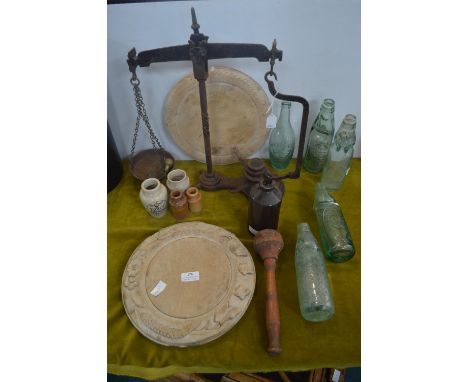 Vintage Kitchenalia Including Two Carved Breadboards, Scales, Codd Bottles, etc. 