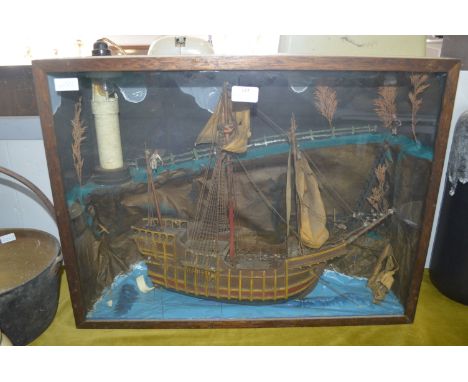 Model Sailing Ship Lighthouse Scene in Glazed Cabinet 