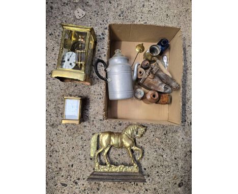 SMALL CARTON WITH BRASS HORSE DOOR STOP, VINTAGE IRON, VINTAGE 4 GLASS BRASS MANTEL CLOCK A/F CONDITION & OTHER METALWARE