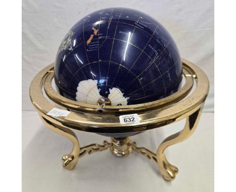 GEM STONE WORLD GLOBE ON BRASS STAND WITH COMPASS IN BLUE