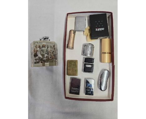 QTY OF PETROL CIGARETTE LIGHTERS BY  ZIPPO, RONSON & A TABLE LIGHTER SET WITH PIECES OF GRANITE FROM OLD LONDON BRIDGE