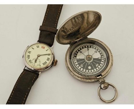 SILVER TRENCH STYLE WRIST WATCH & MILITARY POCKET COMPASS, MARKED WITH W.D ARROW 1915