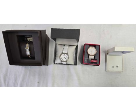 CARTON WITH PAIR OF EAR STUDS, 3 WRIST WATCHES IN BOXES, AROMA, ROTARY & TIMEX
