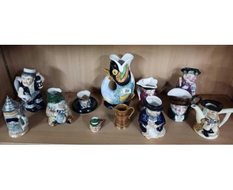 SHELF OF TOBY JUGS, GURGLE JUG, ROYAL DOULTON CHARACTER ASHTRAY