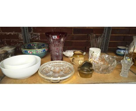 SHELF WITH MISC GLASSWARE INCL; A LARGE BOHEMIAN VASE, A MINTONS ROTIQUE DECORATIVE BOWL WITH FRUIT DECORATION & OTHER CHINAW