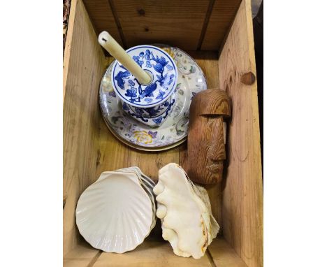 WOOD WINE BOX WITH SHELL CHINA DISHES, WOODEN HEAD, BLUE & WHITE CANDLESTICK HOLDER, 4 SMALL CLAM SHELLS & 2 VINTAGE PLATES