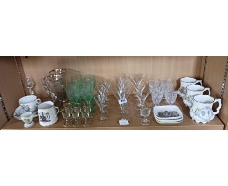 SHELF OF GLASSES & ROYAL COMMEMORATIVE CHINAWARE