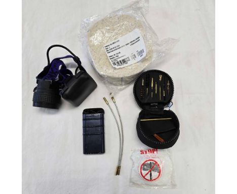 SMALL CARTON WITH AN AK47 CLEANING KIT, HEAD LIGHT, ROLL OF FLANNELETTE & 1 OTHER CLEANING KIT FOR A RIFLE