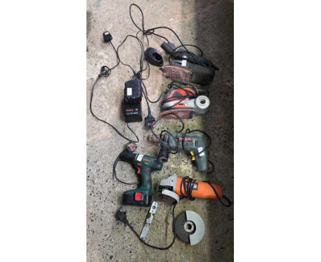 CRATE WITH 6 MISC ELECTRICAL TOOLS, HEAT LAMP, DRILLS, BUFFERS